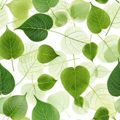 Fototapeta premium Seamless pattern of green leaves with intricate veins on a white background, perfect for nature-themed designs and projects.
