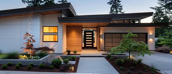 Fototapeta premium Inviting Entryway of Contemporary Residence with Stylish Door, Landscaping, and Outdoor Lights