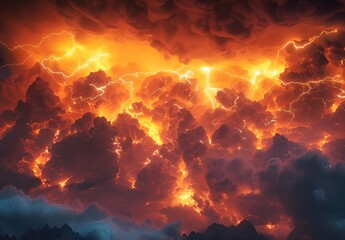 Fiery Lightning Storm Over Mountains