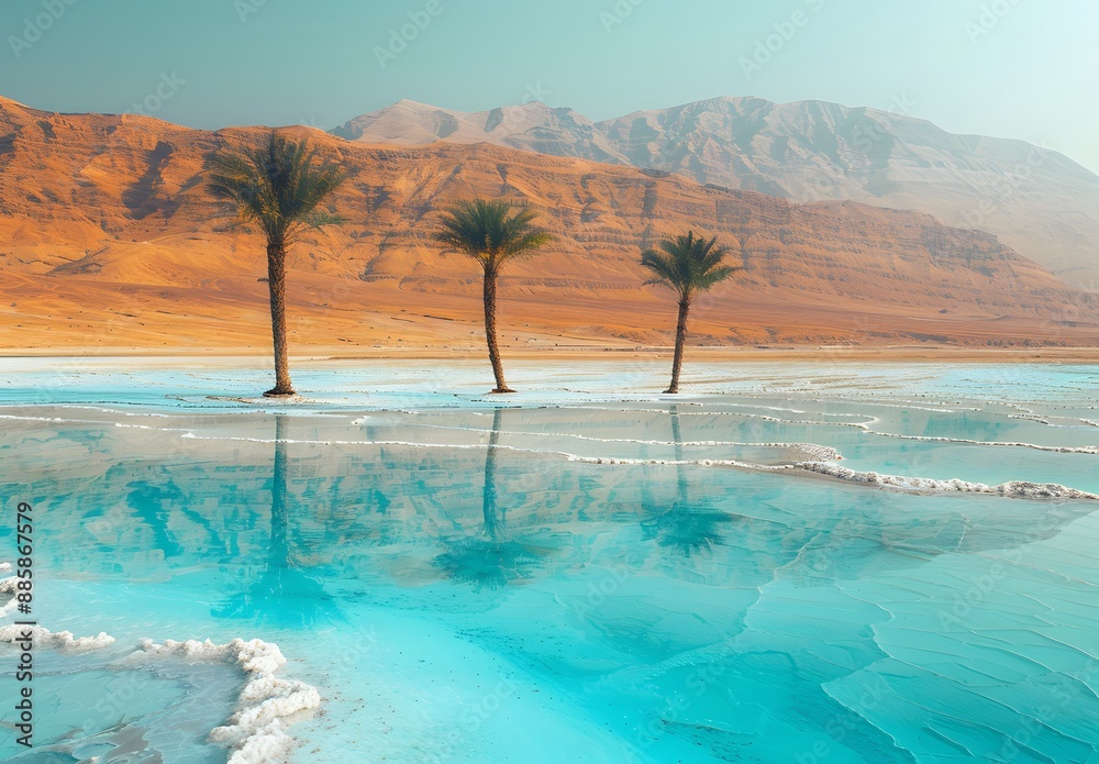 Wall mural Dead Sea Palm Trees and Salt Formations