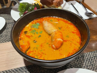 close up view of delicious asian food, spicy curry shrimp