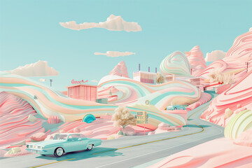 Surreal pastel cityscape made of candy and roads flow marshmallows with blue car. Dreamlike Landscape road trip. Minimalism art design.