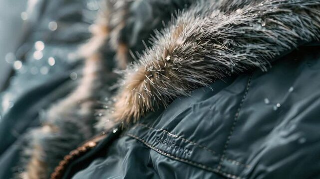 Closeup of a ski jacket featuring luxurious materials such as faux fur lining and a waterproof breathable outer shell.