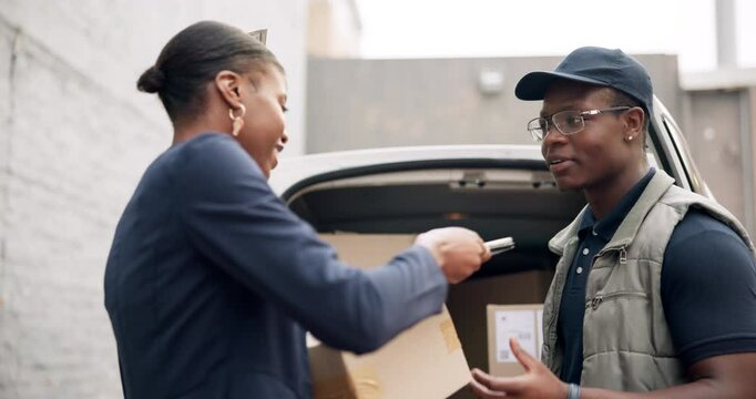 Business, delivery and woman with tablet by courier for ecommerce, distribution and signature. Dropshipping, b2b service and black people with package by van for product, exchange and digital receipt