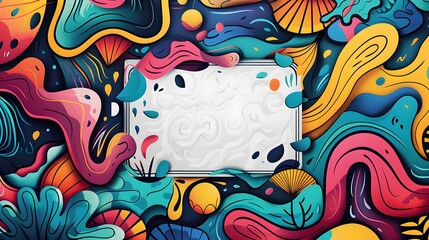 Obraz premium Bright abstract shapes in a doodle, white background with a large central space for text.
