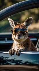 A photo of a Kangaroo sitting on a luxury car sofa wearing transparent sunglasses and smiling slightly
