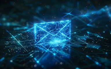 A glowing blue envelope icon floating on a digital background, representing the speed and energy of email communication in business or social media.