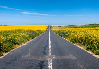 Asphalt Road Through Yellow Flower Fields