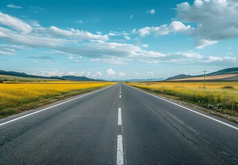 Fototapeta premium Empty Highway Leading Through Yellow Wildflower Fields