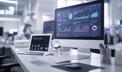 Fototapeta premium Clean and Organized Medical Office: Modern Design with Computer Screens, Professional Paperwork, and Soft Lighting