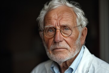 Close Up Portrait of Elderly Man With White Hair and Beard Wearing Glasses