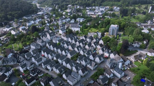 Flying Over Authentic Half-Timbered Houses, Aerial View, Freudenberg, Germany