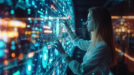 Obraz premium Digital technology, internet network connection, big data, digital marketing LOT internet of things. Woman using modern computer surfing internet futuristic metaverse, innovative technology background