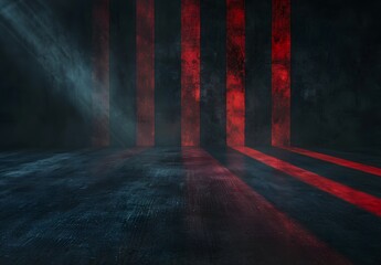 Dark Concrete Room with Red Stripes and Glowing Lights