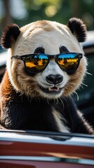Fototapeta premium A photo of a panda sitting on a luxury car sofa wearing transparent sunglasses and smiling slightly