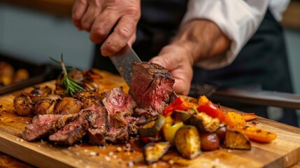 A chef slicing a perfectly cooked steak, with a side of roasted vegetables on a wooden cutting board