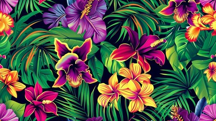 Tropical floral pattern, seamless, vibrant and exotic flowers, lush greenery, bold colors, pop art style, digital illustration, high contrast and eyecatching design