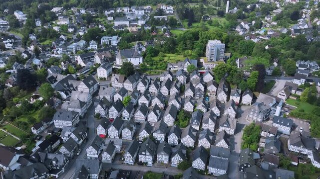 Flying Over Authentic Half-Timbered Houses, Aerial View, Freudenberg, Germany