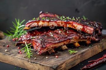 Delicious barbecue ribs, perfectly grilled with a smoky glaze, ideal for summer gatherings and outdoor barbecues, a favorite among meat lovers.