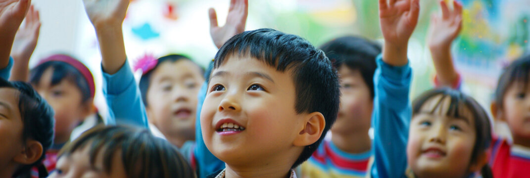 Motivated primary school children attending a school class..