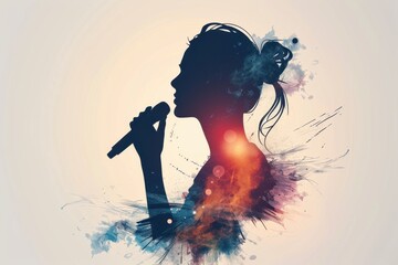 Abstract silhouette of a woman singing with watercolor splashes. A creative depiction of a singer in a colorful artistic style.