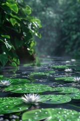 Fototapeta premium Tranquil Water Lilies in Serene Pond with Dew Drops - Photographic Nature Scene