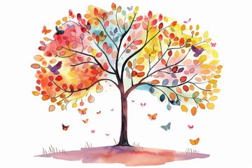 Obraz premium A vibrant watercolor tree with colorful leaves and butterflies in flight, representing the beauty of nature and the changing seasons.