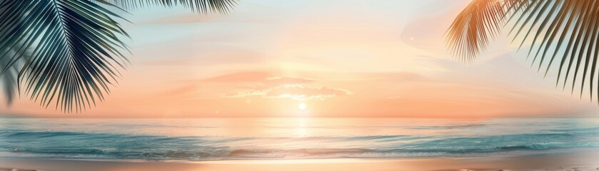 Fototapeta premium Beautiful tropical beach sunset with palm trees and calm ocean waves, showcasing a serene and tranquil coastal scene perfect for relaxation.