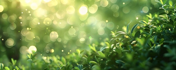 Fototapeta premium Abstract Green Bokeh Background with Defocused Lights and Nature Elements
