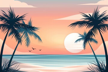 Obraz premium Scenic beach sunset with palm trees framing the setting sun over serene ocean waves, creating a tranquil and picturesque tropical paradise.