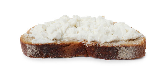 Delicious fresh ricotta (cream cheese) on piece of bread isolated on white