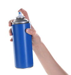 Man with can of spray paint on white background, closeup