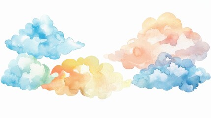 Vibrant watercolor clouds in blue, orange, and yellow shades on a white background, perfect for artistic and design projects.