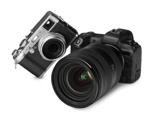 Fototapeta premium Modern cameras isolated on white. Photographer's equipment