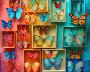 Colorful mixed butterflies displayed in shadow boxes against a vibrant gradient background, perfect for nature or art-themed projects.