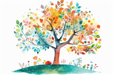 Obraz premium Vibrant watercolor painting of a tree in autumn colors, showcasing a beautiful blend of reds, oranges, yellows, and greens on a hill.