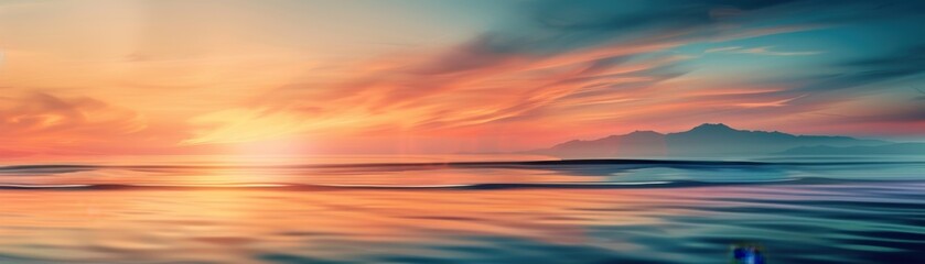 Obraz premium Stunning sunset over the tranquil ocean, with a gradient sky and calm waves, perfect for serene landscape background or screen wallpaper.
