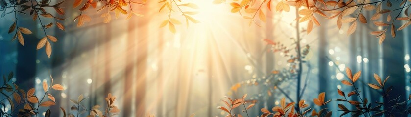 Sunlight filtering through an autumn forest canopy with brilliant foliage and ethereal atmosphere, creating a serene and magical woodland scene.
