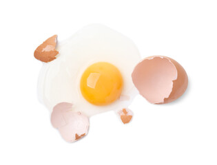 Broken raw egg isolated on white, top view