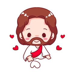 Cute Jesus Write On The Ground Cartoon Vector. Christianity Religion Concept Design. Adorable Chibi Jesus Christ Character Illustration. Isolated White Background.