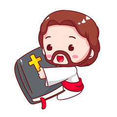 Cute Jesus Holding Bible Cartoon Vector. Christianity Religion Concept Design. Adorable Chibi Jesus Christ Character Illustration. Isolated White Background.