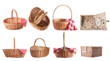 Wicker rattan baskets for picnic isolated on white, set
