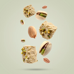 Sweet pistachio halva and nuts in air on grey background