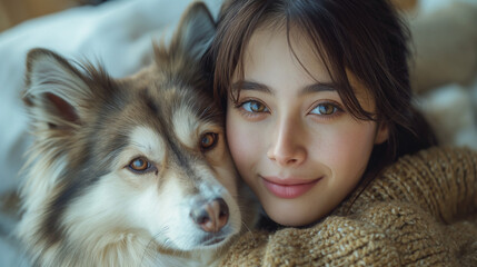 犬に頬ずりをする女性