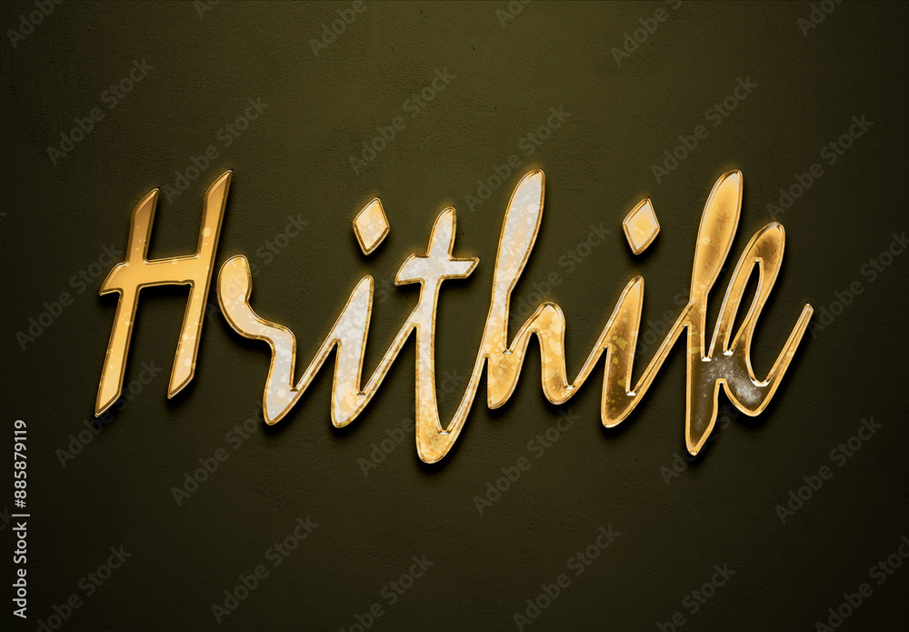 Sticker Old gold text effect of Hindi name Hrithik with 3D glossy style Mockup.