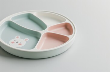 Colorful sectioned baby plate with cute bunny design for kids' meals, perfect for portion control and serving different food types.