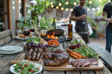 Obraz premium A backyard table set with grilled meats, fresh vegetables, and salads, as happy people dance and celebrate joyfully on the porch to lively music.