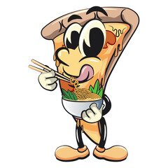 character of a slice pizza cartoon vector isolated clip art mascot illustration with a bowl of noodles and chopsticks, work of hand drawn
