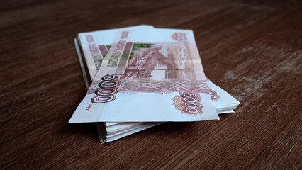 Little stack of 5 thousand russian rubles. Banknotes of 5000 rubles. Reverse side. Stack of russian...