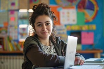 Young female teacher working in school with laptop, engaged in preparing lesson plans and utilizing technology for interactive teaching. Modern education concepts in a digital classroom environment.
